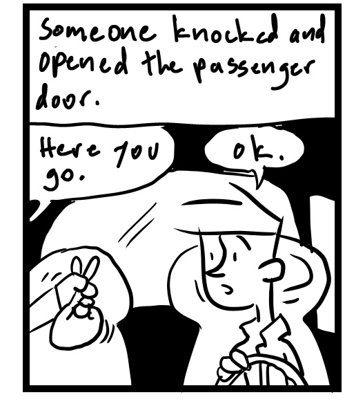 A four-panel comic about a person picking up a package in his car - Panel 3