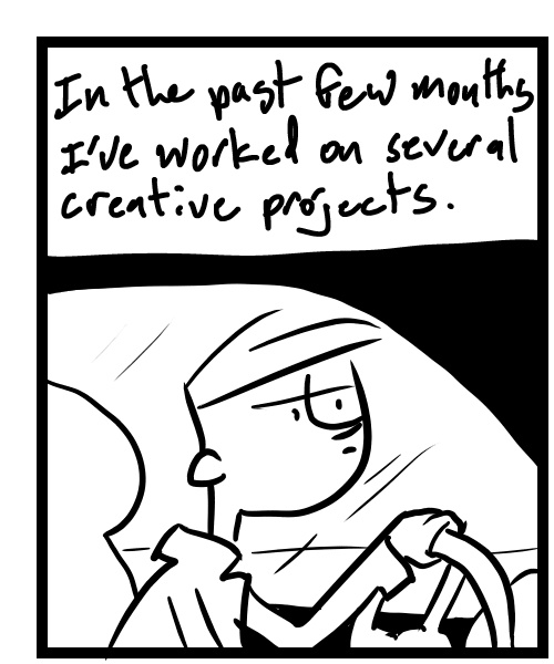 A four-panel comic about a person thinking to himself while driving around - Panel 1