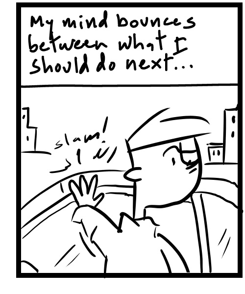 A four-panel comic about a person thinking to himself while driving around - Panel 3