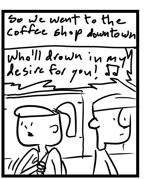 A four-panel comic about people walking down the street by others doing karaoke - Panel 2