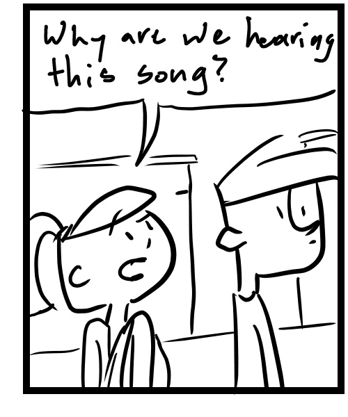 A four-panel comic about people walking down the street by others doing karaoke - Panel 3