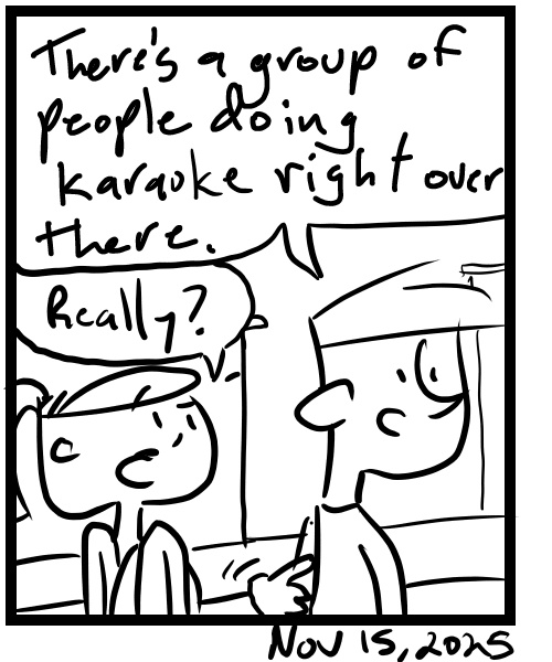 A four-panel comic about people walking down the street by others doing karaoke - Panel 4