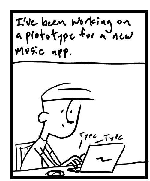 A four-panel comic about a person launching a new website design - Panel 1