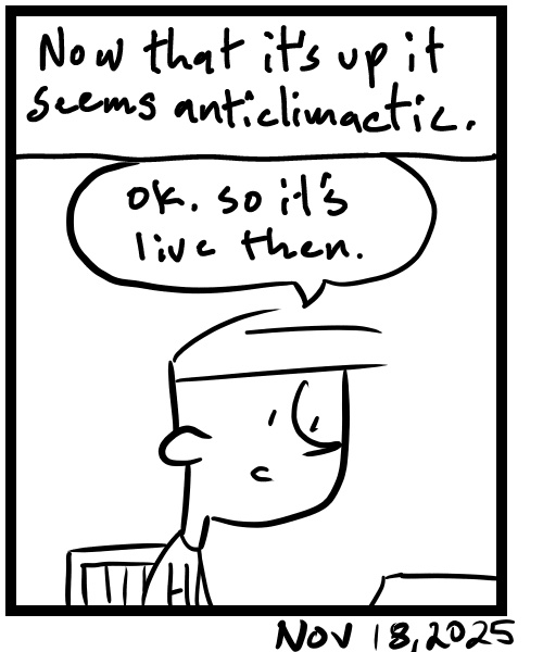 A four-panel comic about a person launching a new website design - Panel 4