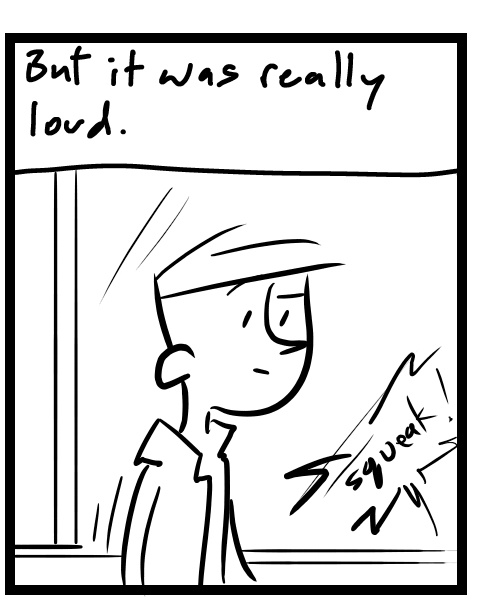 A four-panel comic about a person walking behind someone with a squeaky shoe - Panel 2