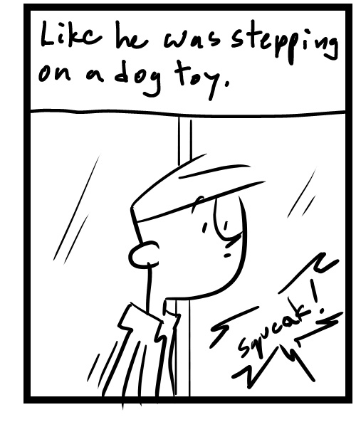 A four-panel comic about a person walking behind someone with a squeaky shoe - Panel 3