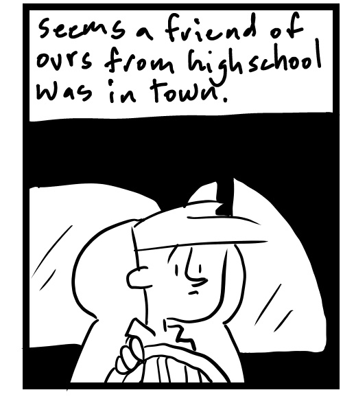 A four-panel comic about a person messaging a friend but hearing they left him out of the loop - Panel 3