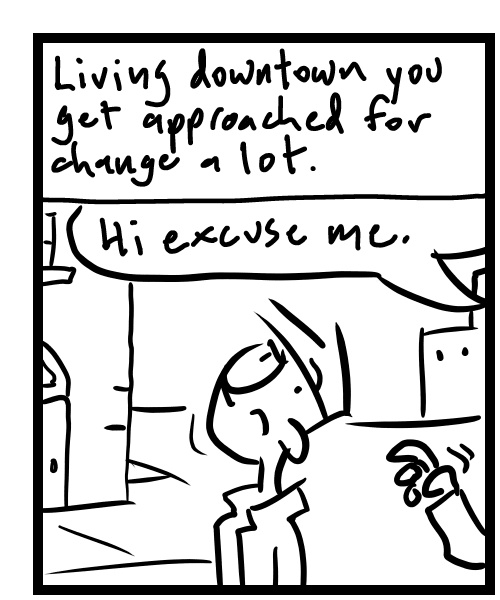 A four-panel comic about a person being asked a question on the street - Panel 1