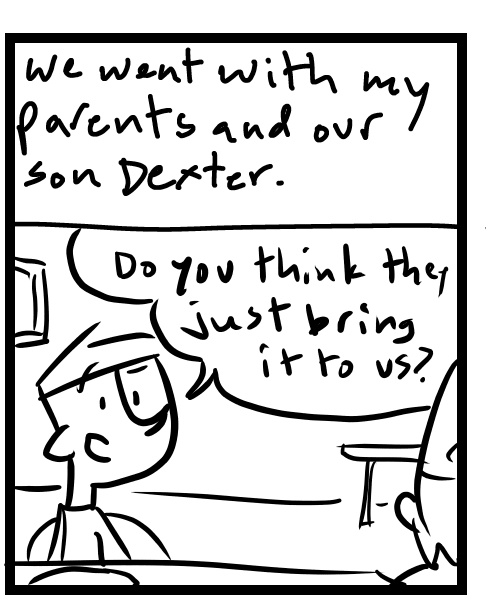 A four-panel comic about people having Thanksgiving at a restaurant - Panel 2