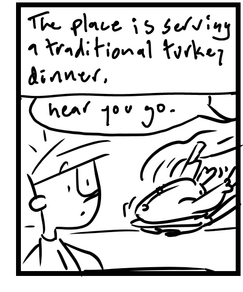 A four-panel comic about people having Thanksgiving at a restaurant - Panel 3