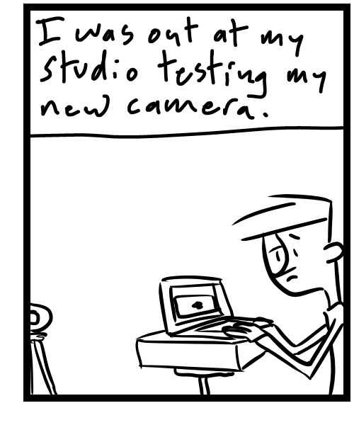 A four-panel comic about a person adjusting a camera and thinking - Panel 3
