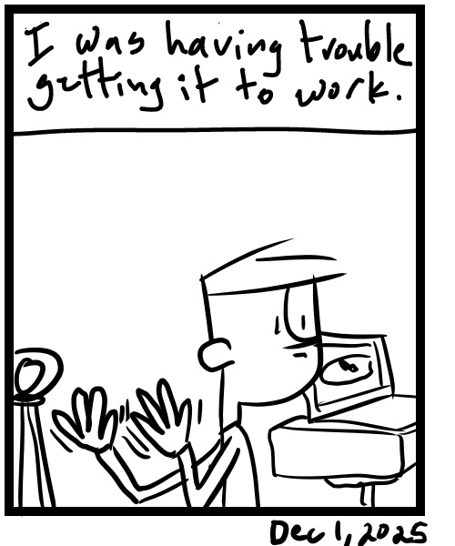 A four-panel comic about a person adjusting a camera and thinking - Panel 4