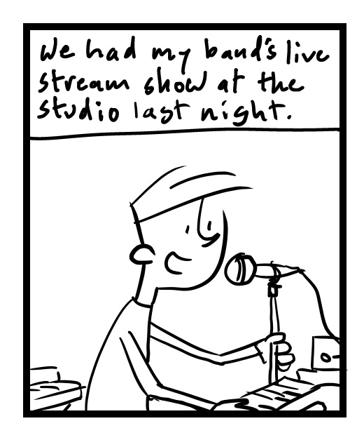 A four-panel comic about a person at band practice - Panel 1