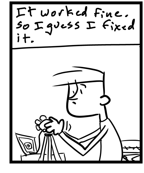 A four-panel comic about a person at band practice - Panel 3