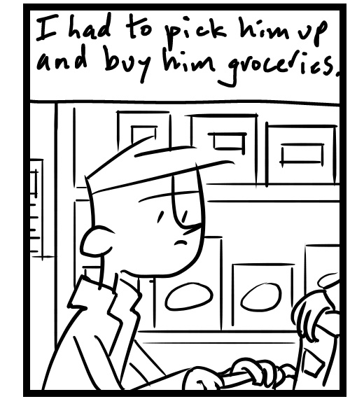A four-panel comic about a person driving his son on errands - Panel 3