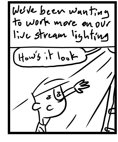 A four-panel comic about people setting up lights in a studio - Panel 3