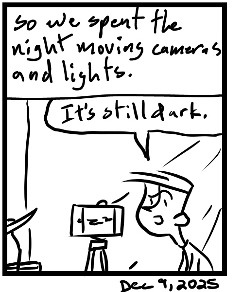 A four-panel comic about people setting up lights in a studio - Panel 4