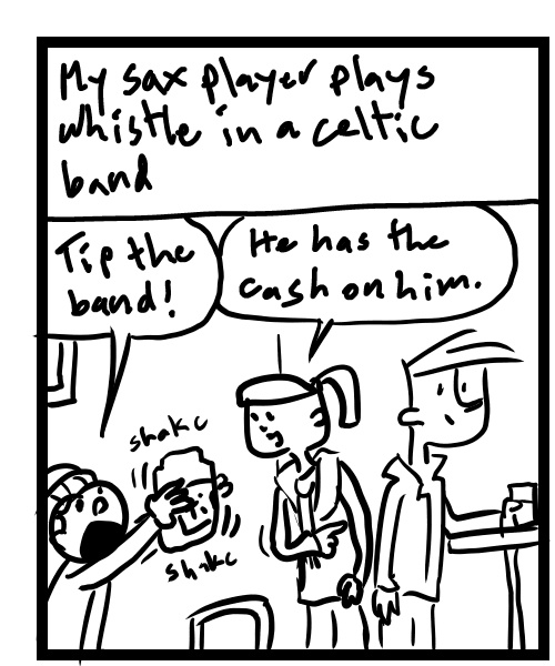 A four-panel comic about people at a live show and kid with tip jar - Panel 1