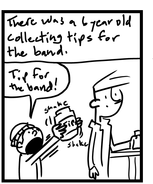 A four-panel comic about people at a live show and kid with tip jar - Panel 2