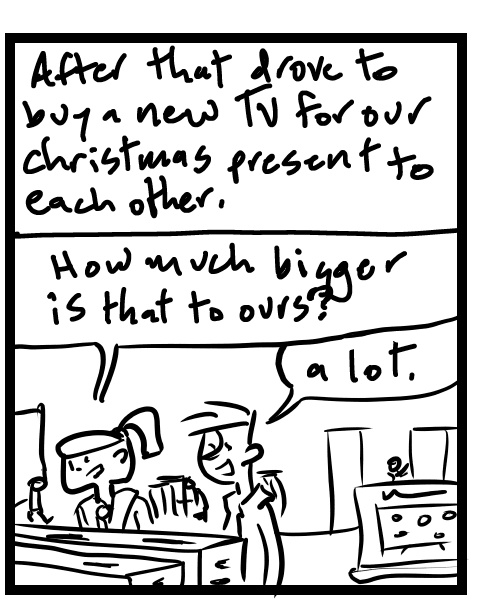 A four-panel comic about people's day while getting a TV - Panel 2