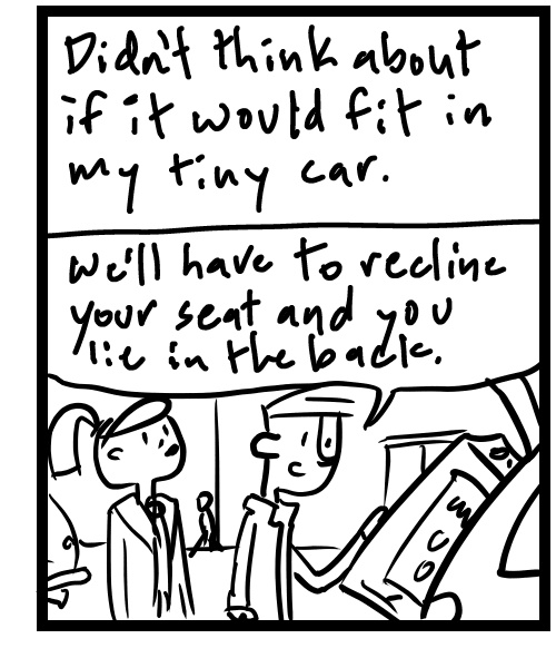 A four-panel comic about people's day while getting a TV - Panel 3