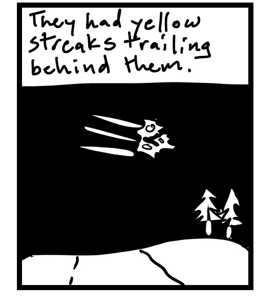 A four-panel comic about a person seeing a green light in the sky - Panel 3