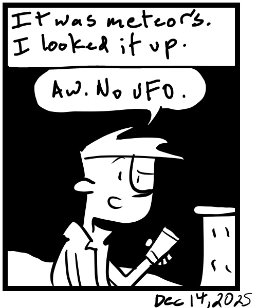 A four-panel comic about a person seeing a green light in the sky - Panel 4