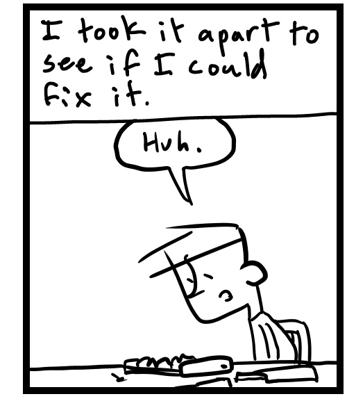 A four-panel comic about a person taking apart a power amp - Panel 3