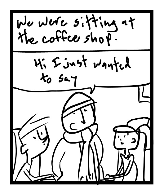 A four-panel comic about people sitting at a coffee shop and someone talks to them - Panel 1
