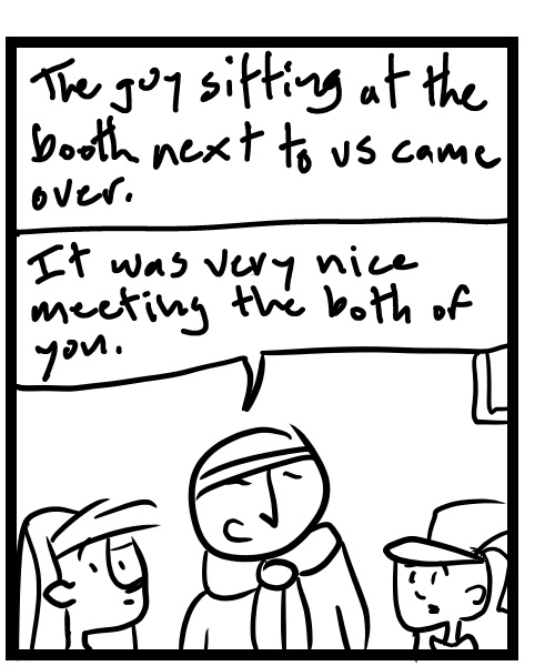 A four-panel comic about people sitting at a coffee shop and someone talks to them - Panel 2