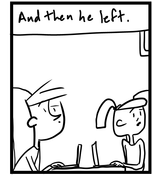 A four-panel comic about people sitting at a coffee shop and someone talks to them - Panel 3