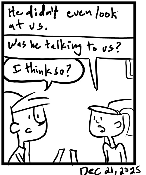 A four-panel comic about people sitting at a coffee shop and someone talks to them - Panel 4