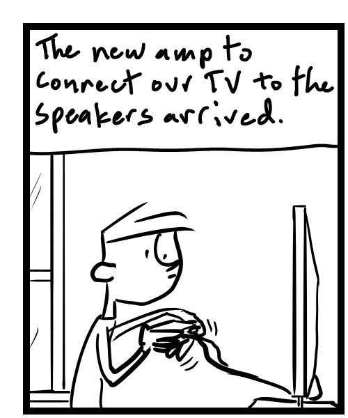 A four-panel comic about a person connecting the tv sound system - Panel 1