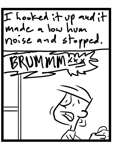 A four-panel comic about a person connecting the tv sound system - Panel 2