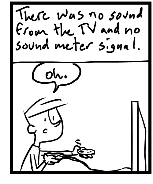 A four-panel comic about a person connecting the tv sound system - Panel 3