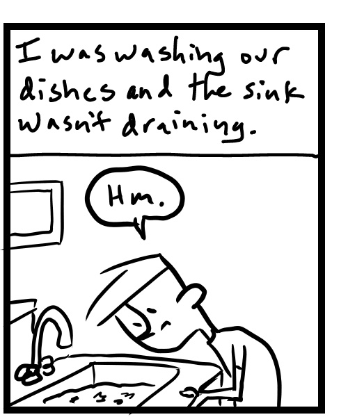 A four-panel comic about a person trying to unclog a sink - Panel 2