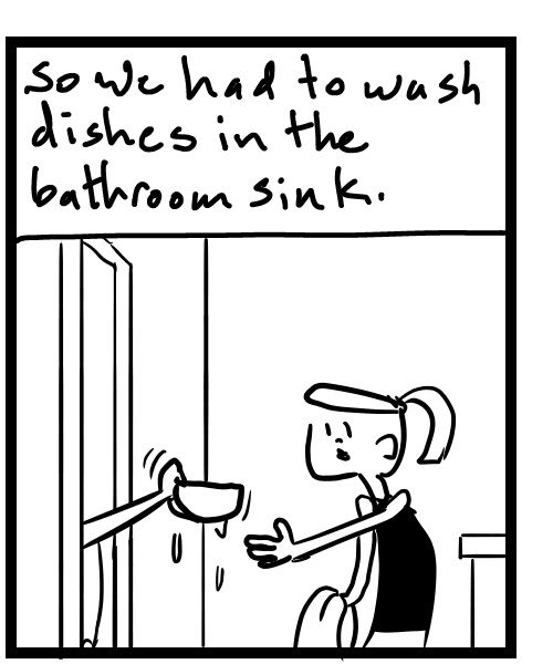 A four-panel comic about people washing dishes in the bathroom sink - Panel 2