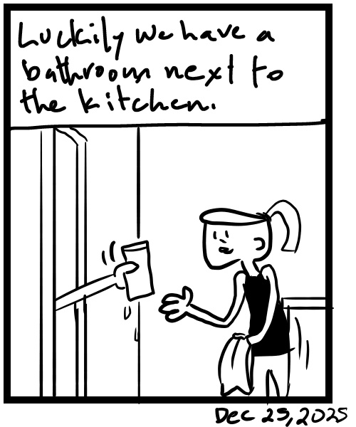 A four-panel comic about people washing dishes in the bathroom sink - Panel 4