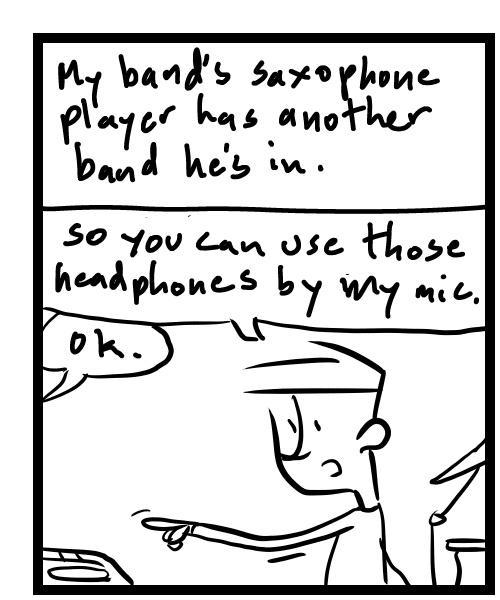 A four-panel comic about a person trying to figure out a weird headphone wire setup - Panel 1