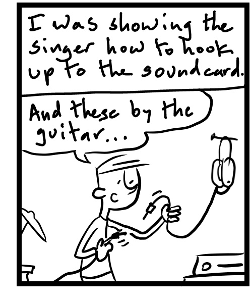 A four-panel comic about a person trying to figure out a weird headphone wire setup - Panel 3