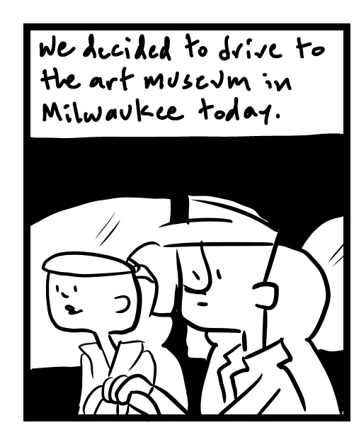 A four-panel comic about people going to an art museum - Panel 1