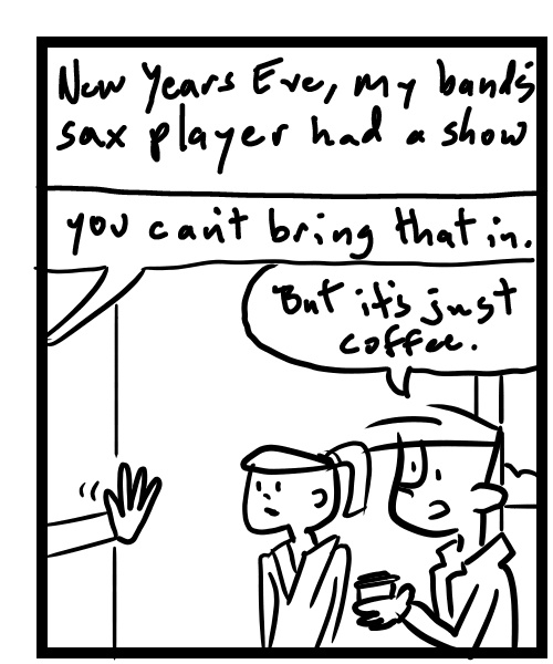 A four-panel comic about people trying to bring coffee into a bar - Panel 1