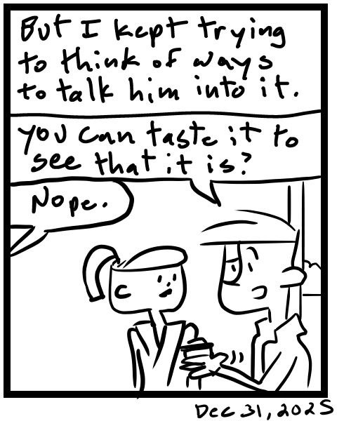 A four-panel comic about people trying to bring coffee into a bar - Panel 4