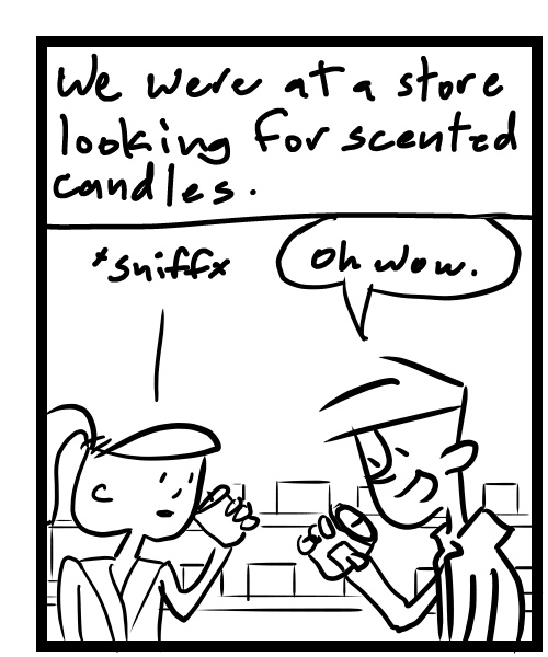 A four-panel comic about people smelling candles - Panel 1
