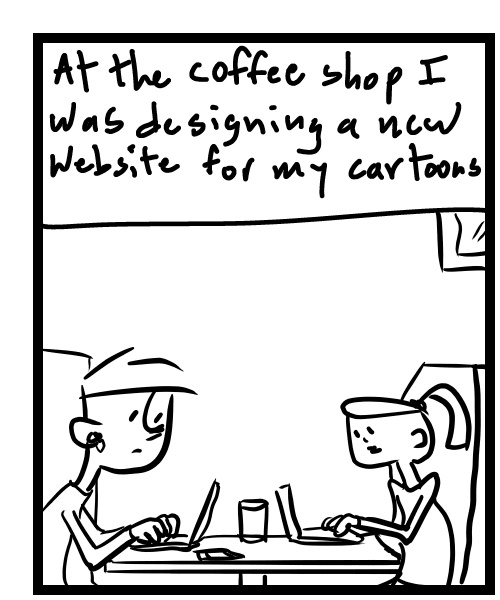 A four-panel comic about people sitting at a coffee shop working - Panel 1