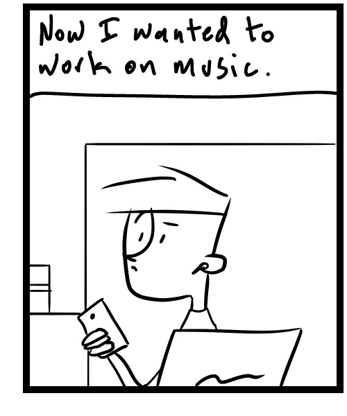 A four-panel comic about people sitting at a coffee shop working - Panel 3