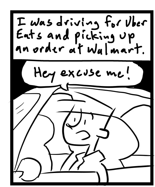 A four-panel comic about a person yelling to someone from his car realizing it sounds like he's angry - Panel 1