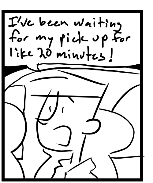 A four-panel comic about a person yelling to someone from his car realizing it sounds like he's angry - Panel 2