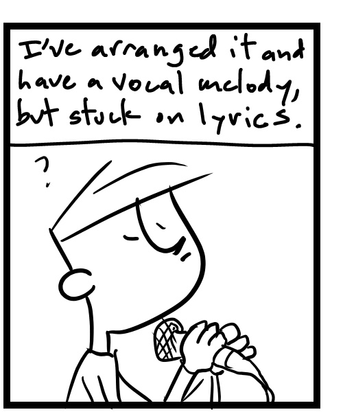 A four-panel comic about a person thinking of song lyrics throughout the day and trying to write them down - Panel 2