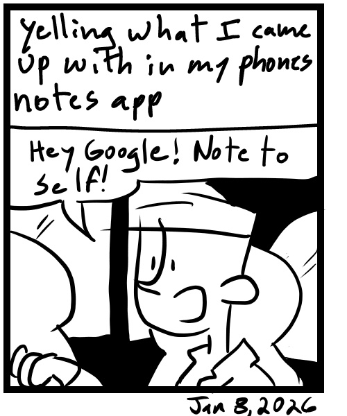 A four-panel comic about a person thinking of song lyrics throughout the day and trying to write them down - Panel 4